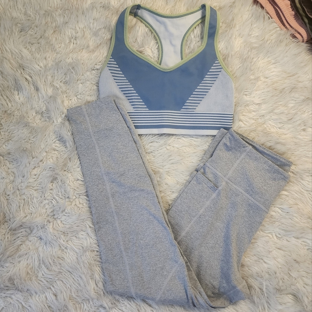 Blue and Gray Women's Sports Bra and Leggings Set